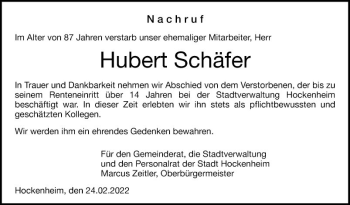 Traueranzeige von Hubert Schäfer von Schwetzinger Zeitung