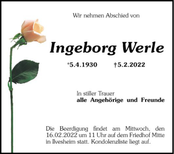 Traueranzeige von Ingeborg Werle von Mannheimer Morgen