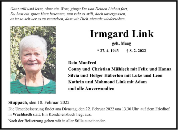 Traueranzeige von Irmgard Link von Fränkische Nachrichten