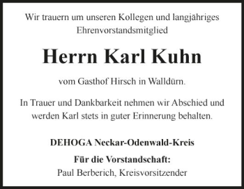 Traueranzeige von Karl Kuhn von Fränkische Nachrichten