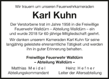 Traueranzeige von Karl Kuhn von Fränkische Nachrichten