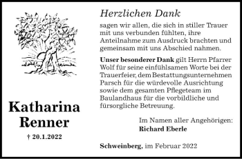 Traueranzeige von Katharina Renner von Fränkische Nachrichten