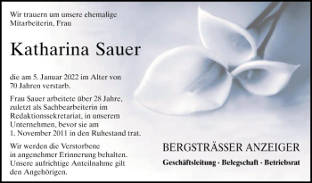 Traueranzeige von Katharina Sauer von Bergsträßer Anzeiger