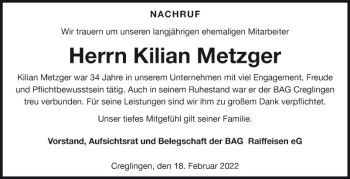 Traueranzeige von Kilian Metzger von Fränkische Nachrichten