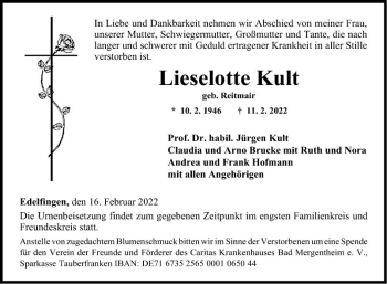 Traueranzeige von Lieselotte Kult von Fränkische Nachrichten