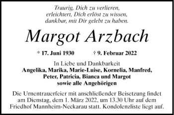 Traueranzeige von Margot Arzbach von Mannheimer Morgen