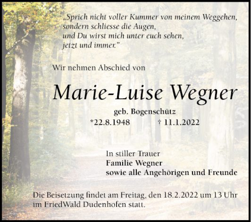  Traueranzeige für Marie-Luise Wegner vom 12.02.2022 aus Mannheimer Morgen