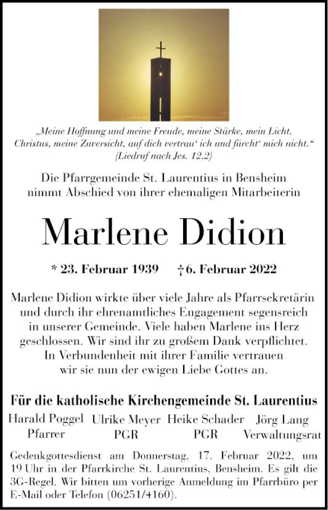  Traueranzeige für Marlene Didion vom 15.02.2022 aus Bergsträßer Anzeiger