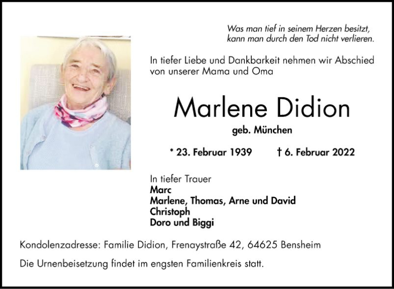  Traueranzeige für Marlene Didion vom 12.02.2022 aus Bergsträßer Anzeiger