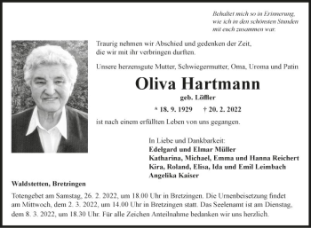 Traueranzeige von Olivs Hartmann von Fränkische Nachrichten