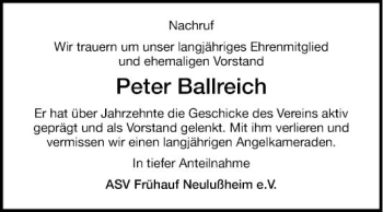 Traueranzeige von Peter Ballreich von Schwetzinger Zeitung