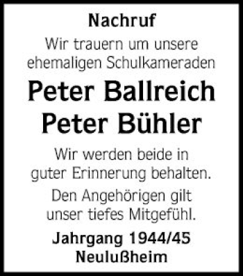 Traueranzeige von Peter Ballreich von Schwetzinger Zeitung