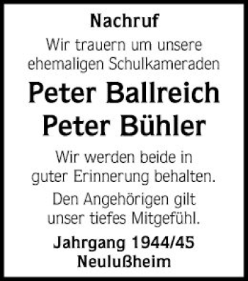 Traueranzeige von Peter Bühler von Schwetzinger Zeitung