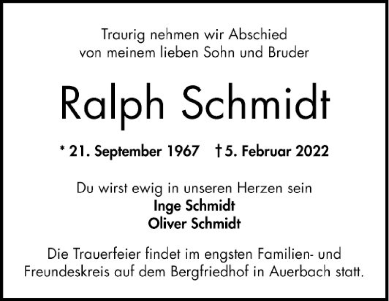  Traueranzeige für Ralph Schmidt vom 19.02.2022 aus Bergsträßer Anzeiger