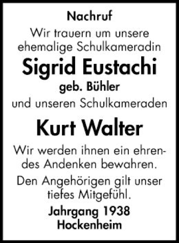 Traueranzeige von Sigrid Eustachi von Schwetzinger Zeitung