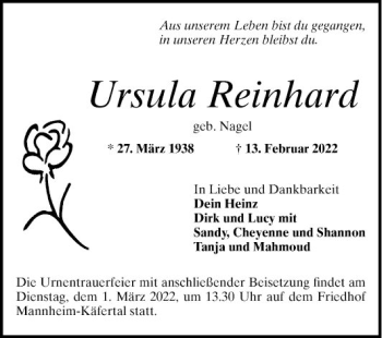 Traueranzeige von Ursula Reinhard von Mannheimer Morgen