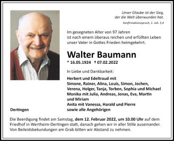 Traueranzeige von Walter Baumann von Fränkische Nachrichten
