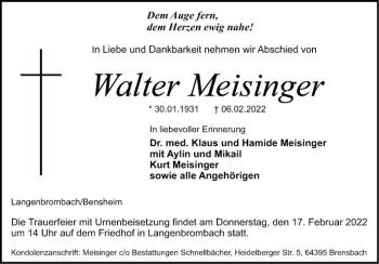 Traueranzeige von Walter Meisinger von Bergsträßer Anzeiger