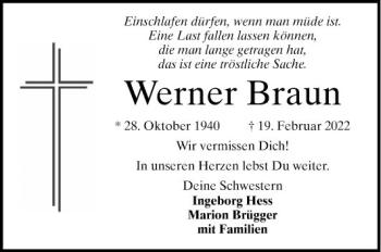 Traueranzeige von Werner Braun von Mannheimer Morgen