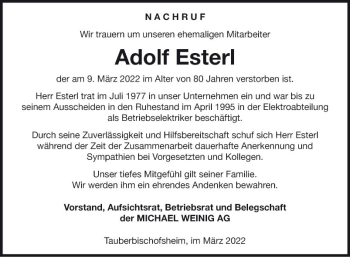 Traueranzeige von Adolf Esterl von Fränkische Nachrichten