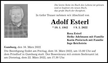 Traueranzeige von Adolf Esterl von Fränkische Nachrichten