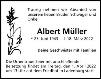 Traueranzeige von Albert Müller von Mannheimer Morgen