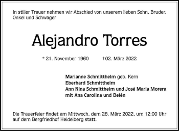 Traueranzeige von Alejandro Torres von Mannheimer Morgen