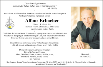 Traueranzeige von Alfons Erbacher von Fränkische Nachrichten