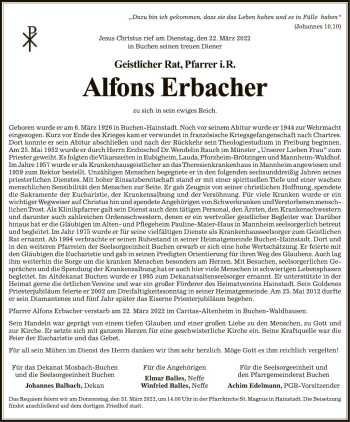 Traueranzeige von Alfons Erbacher von Fränkische Nachrichten