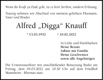 Traueranzeige von Alfred Knauff von Mannheimer Morgen