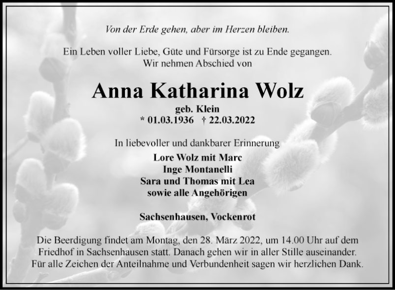 Traueranzeige für Anna Katharina Wolz vom 26.03.2022 aus Fränkische Nachrichten