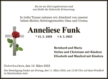 Traueranzeige von Anneliese Funk von Fränkische Nachrichten