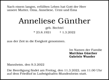 Traueranzeige von Anneliese Günther von Mannheimer Morgen