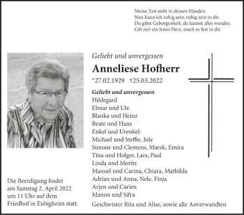 Traueranzeige von Anneliese Hofherr von Fränkische Nachrichten