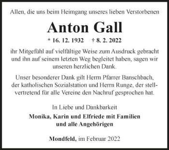 Traueranzeige von Anton Gall von Fränkische Nachrichten