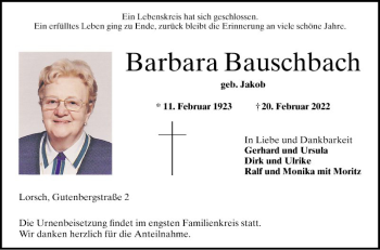 Traueranzeige von Barbara Bauschbach von Bergsträßer Anzeiger