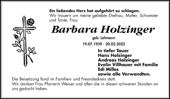 Traueranzeige von Barbara Holzinger von Schwetzinger Zeitung