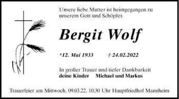 Traueranzeige von Bergit Wolf von Mannheimer Morgen