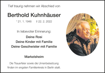 Traueranzeige von Berthold Kuhnhäuser von Fränkische Nachrichten