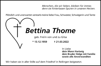 Traueranzeige von Bettina Thome von Schwetzinger Zeitung