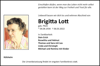 Traueranzeige von Brigitta Lott von Fränkische Nachrichten