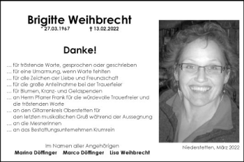 Traueranzeige von Brigitte Weihbrecht von Fränkische Nachrichten