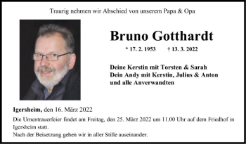 Traueranzeige von Bruno Gotthardt von Fränkische Nachrichten