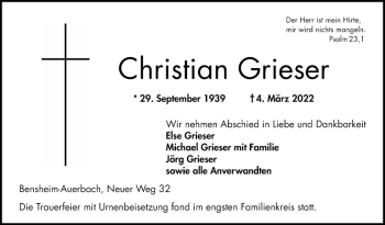 Traueranzeige von Christian Grieser von Bergsträßer Anzeiger