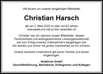 Traueranzeige von Christian Harsch von Mannheimer Morgen