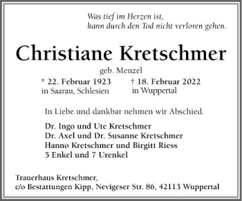 Traueranzeige von Christiane Kretschmer von Mannheimer Morgen