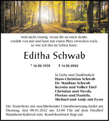 Traueranzeige von Editha Schwab von Mannheimer Morgen