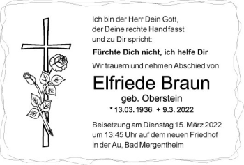 Traueranzeige von Elfriede Braun von Fränkische Nachrichten