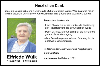 Traueranzeige von Elfriede Wülk von Fränkische Nachrichten