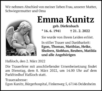 Traueranzeige von Emma Kunitz von Mannheimer Morgen